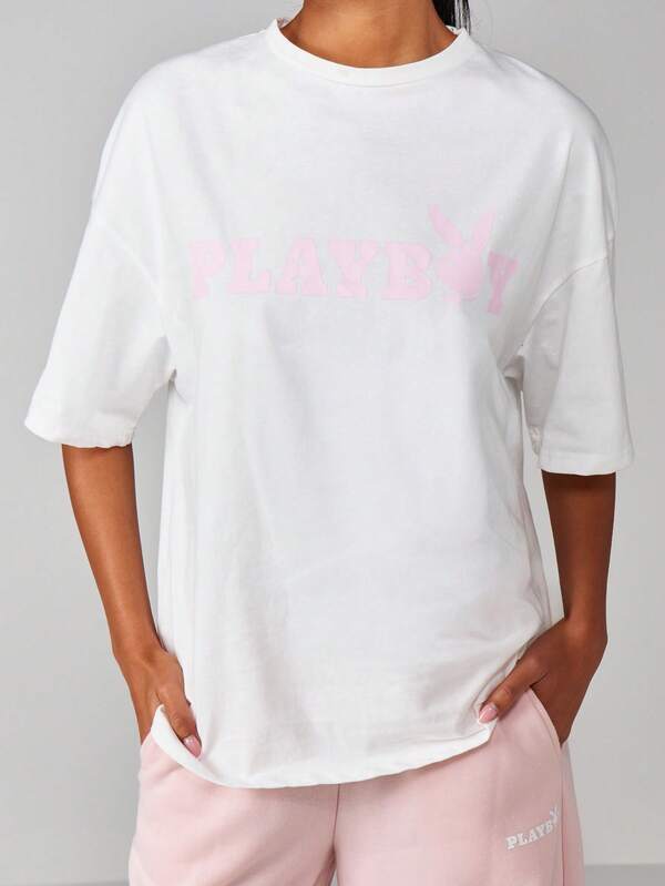 Missguided Missguided X Playboy Oversized Cotton T Shirt With Side Split Design