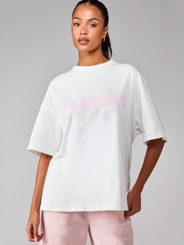 Missguided Missguided X Playboy Oversized Cotton T Shirt With Side Split Design