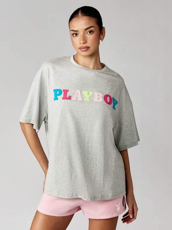 Missguided Missguided X Playboy Oversized Cotton T-Shirt With Colorful Letter Print