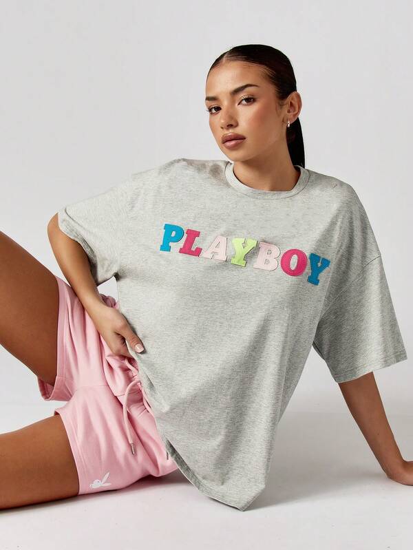 missguided Missguided x Playboy Oversized Cotton T-Shirt With Colorful Letter Print