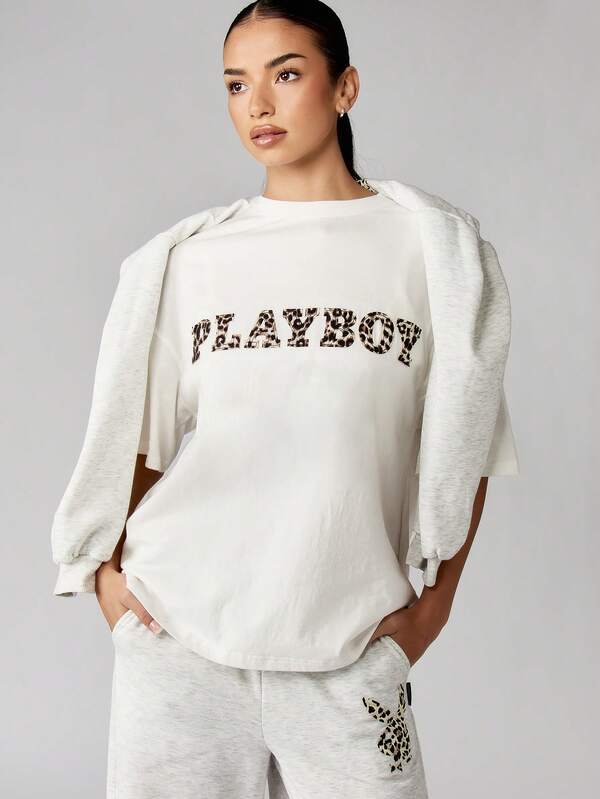 missguided Missguided x Playboy Oversized Cotton T-Shirt With Leopard Print Logo
