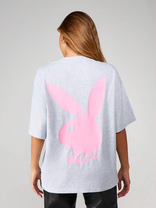 missguided Missguided x Playboy Oversized Crew Neck Graphic T-Shirt With Bunny Logo