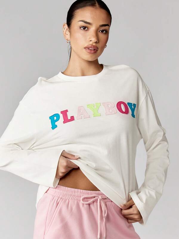 Missguided Missguided X Playboy Oversized Crew Neck Sweater With Colorful Applique Letters