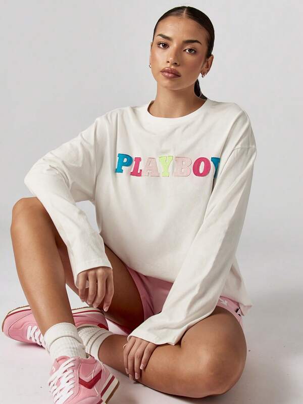 missguided Missguided x Playboy Oversized Crew Neck Sweater With Colorful Applique Letters