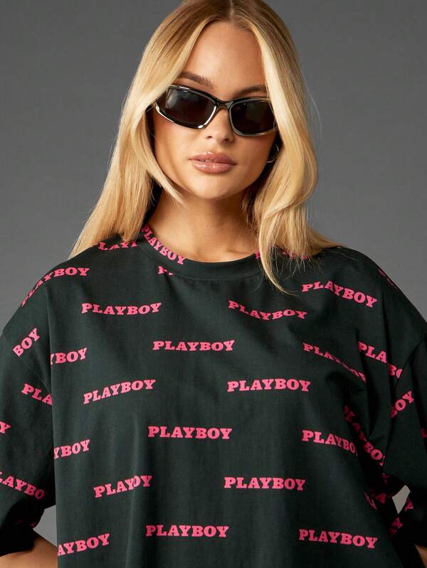 Missguided Missguided X Playboy Oversized Crew Neck T-Shirt With Text Print