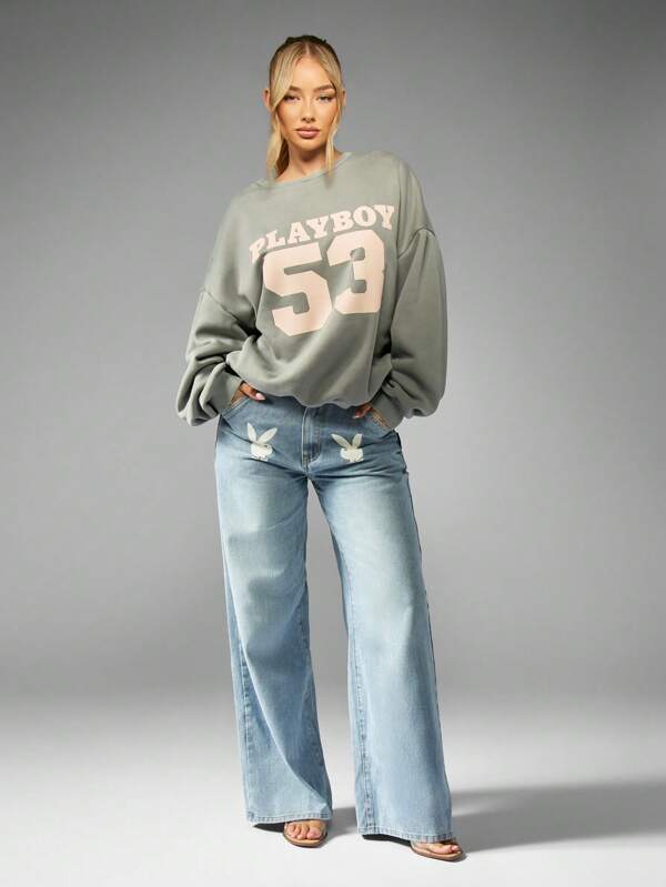 Missguided Missguided X Playboy Oversized Crewneck Number French Terry Cotton Blend Pullover