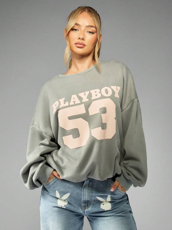 missguided Missguided x Playboy Oversized Crewneck Number French Terry Cotton Blend Pullover