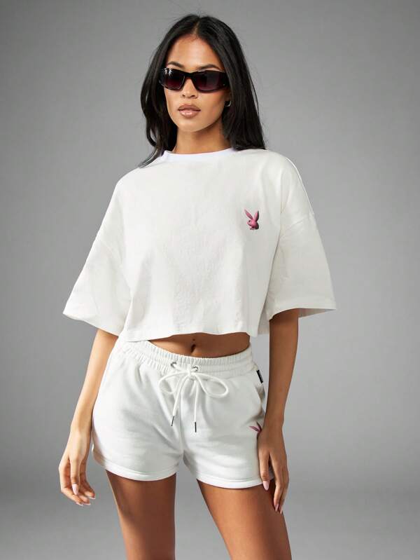 Missguided Missguided X Playboy Oversized Crop Bubble Letter Print T-Shirt Cotton Blend