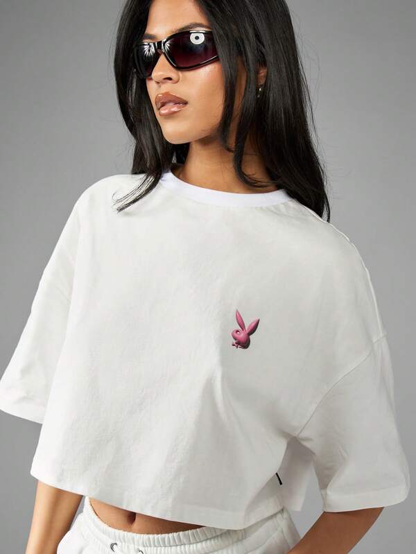 Missguided Missguided X Playboy Oversized Crop Bubble Letter Print T-Shirt Cotton Blend