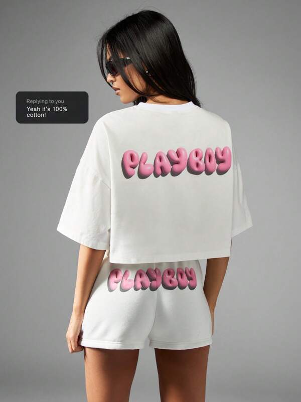missguided Missguided x Playboy Oversized Crop Bubble Letter Print T-Shirt Cotton Blend