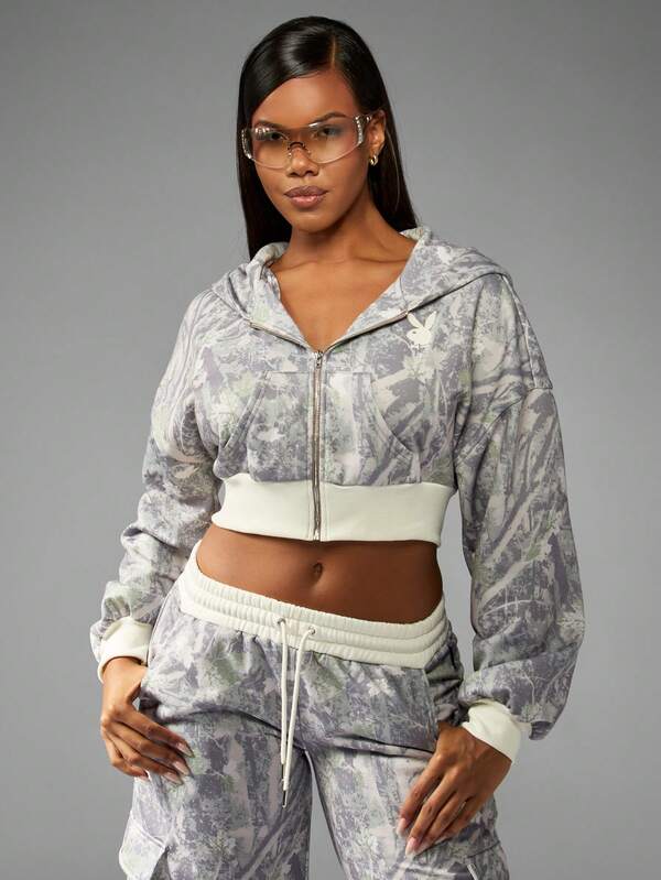 Missguided Missguided X Playboy Oversized Crop Hoodie With Camo Print