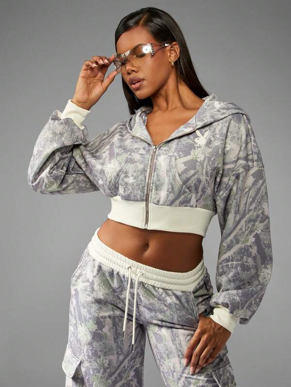missguided Missguided x Playboy Oversized Crop Hoodie With Camo Print