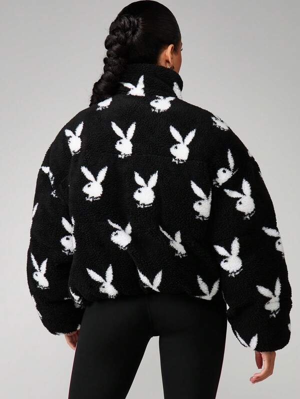 Missguided Missguided X Playboy Oversized Crop Puffer Jacket With Bunny Print