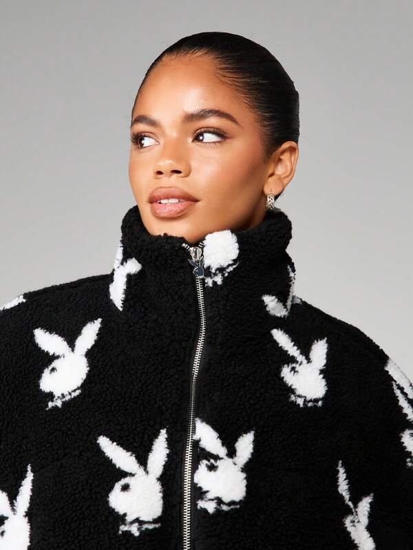 Missguided Missguided X Playboy Oversized Crop Puffer Jacket With Bunny Print