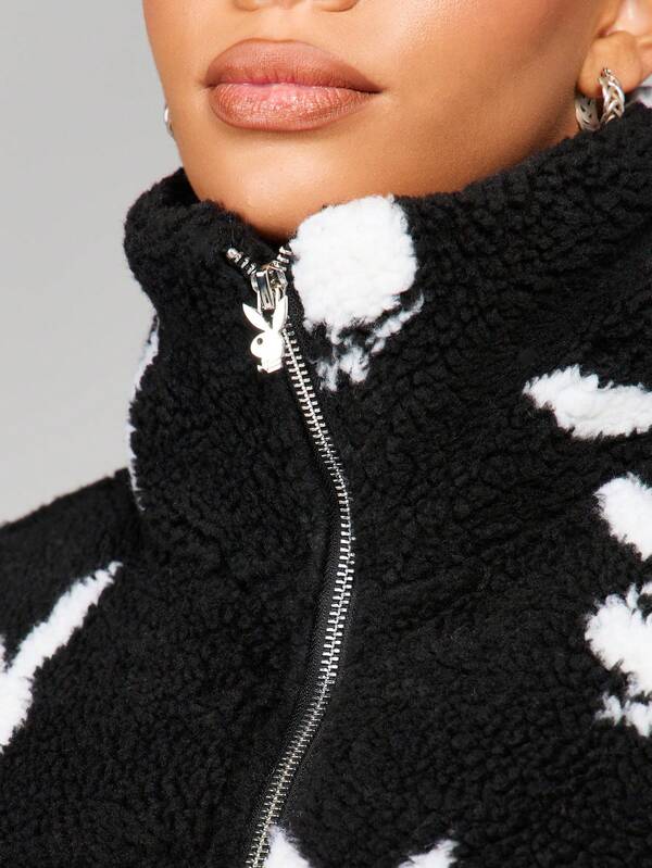 Missguided Missguided X Playboy Oversized Crop Puffer Jacket With Bunny Print