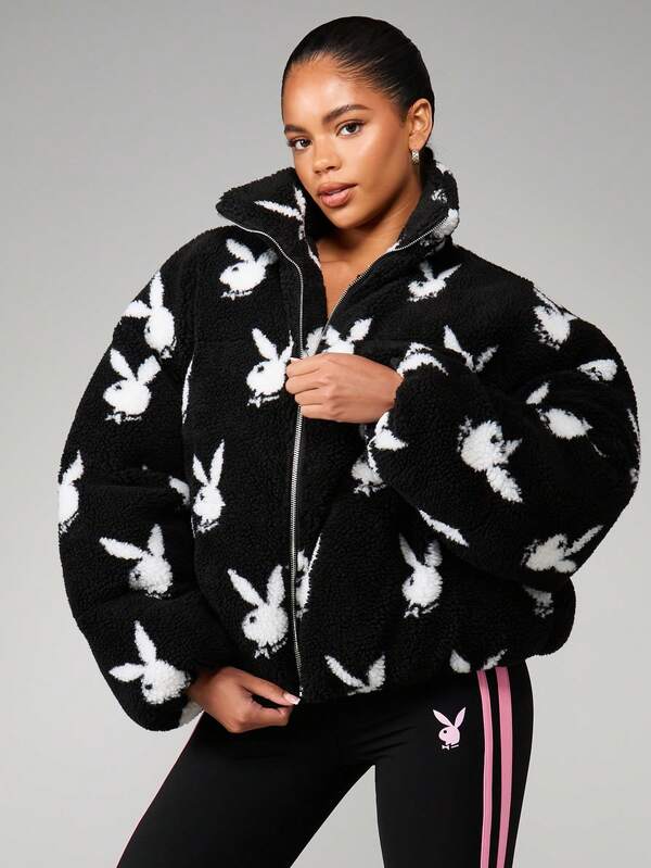 missguided Missguided x Playboy Oversized Crop Puffer Jacket With Bunny Print