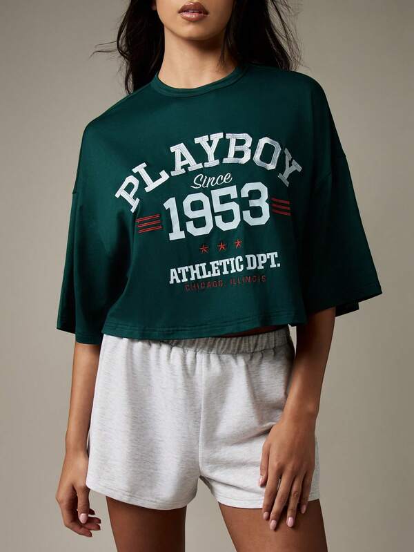 Missguided Missguided X Playboy Oversized Cropped Logo T-Shirt With Varsity Graphics