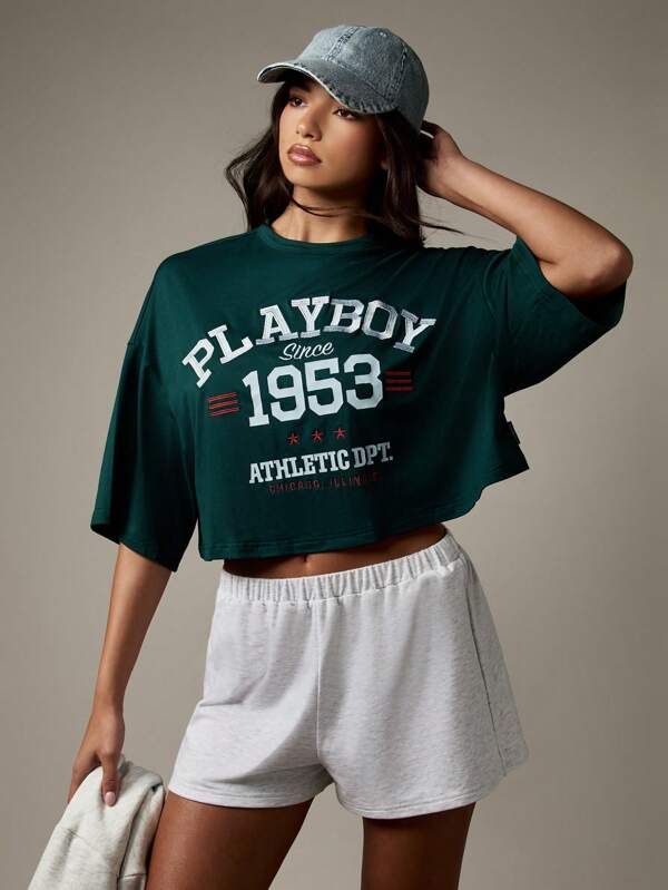 missguided Missguided x Playboy Oversized Cropped Logo T-Shirt With Varsity Graphics