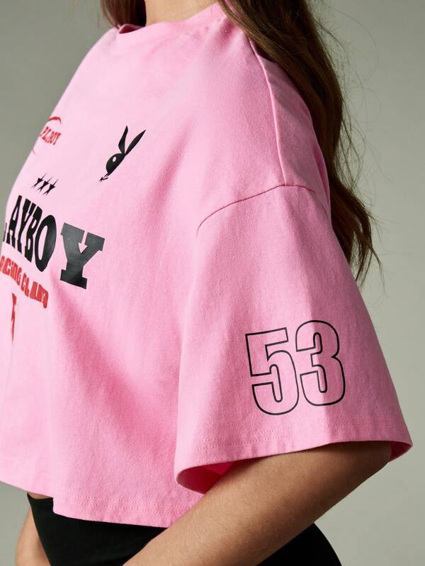 Missguided Missguided X Playboy Oversized Cropped Racing Club T Shirt With Bunny Logo Print