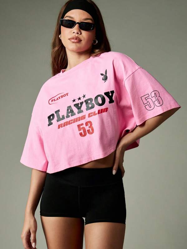 missguided Missguided x Playboy Oversized Cropped Racing Club T Shirt With Bunny Logo Print