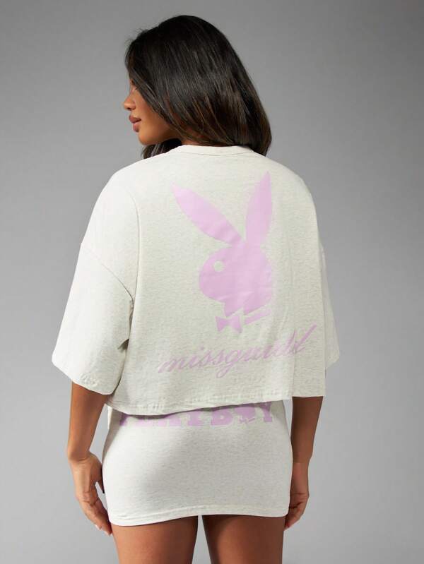 Missguided Missguided X Playboy Oversized Cropped Relaxed Fit Casual Comfort T-Shirt