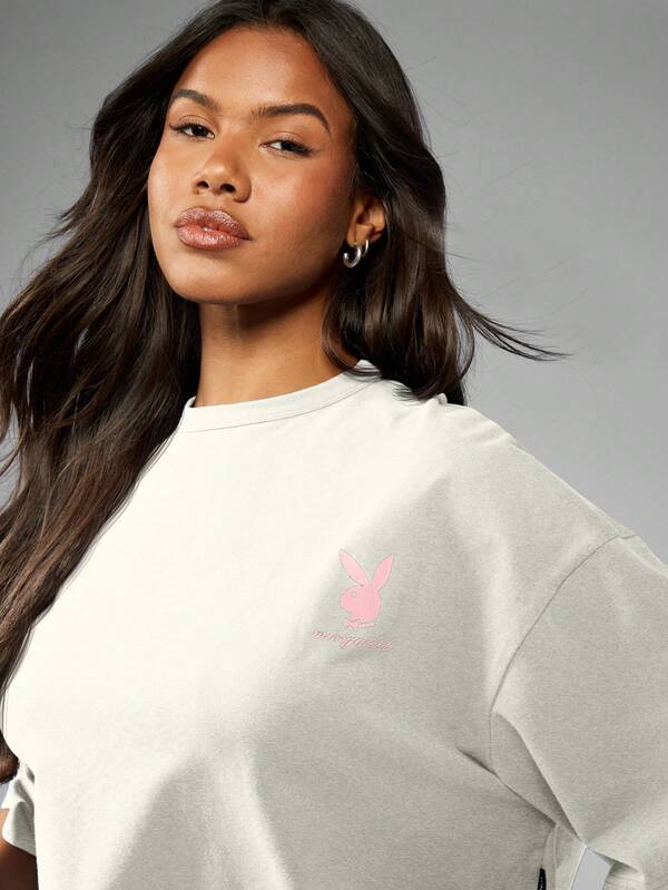 Missguided Missguided X Playboy Oversized Cropped T Shirt With Logo Print