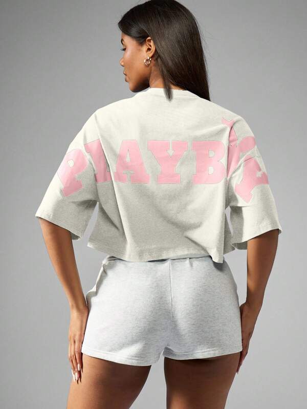 missguided Missguided x Playboy Oversized Cropped T Shirt With Logo Print