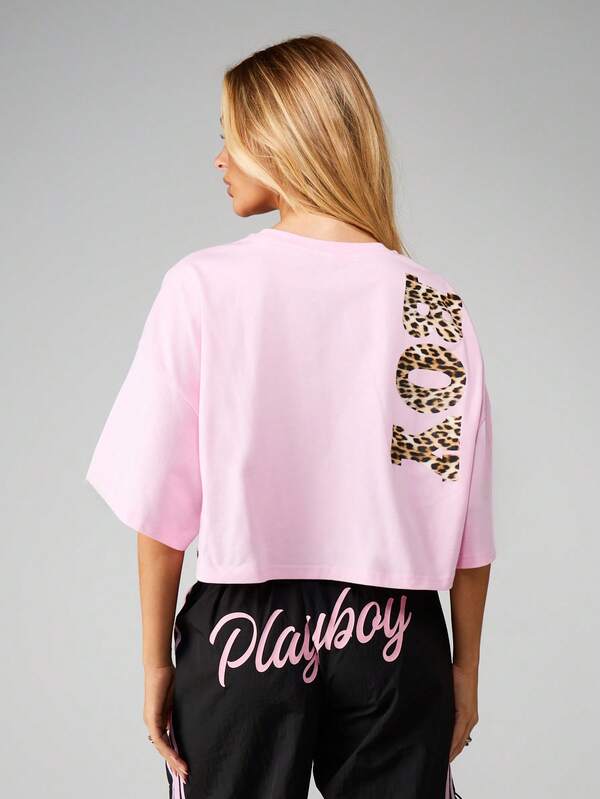 Missguided Missguided X Playboy Oversized Cropped Tee With Leopard Print