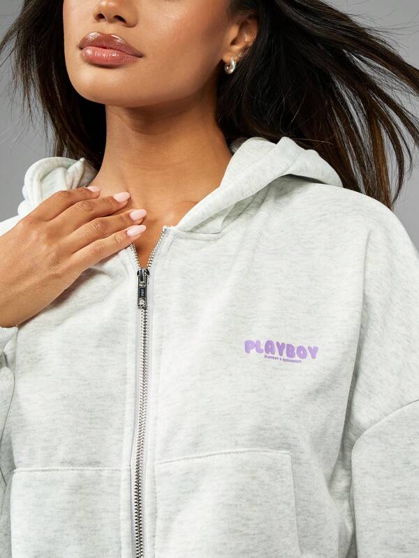 Missguided Missguided X Playboy Oversized Cropped Zip Hoodie Athleisure Streetwear