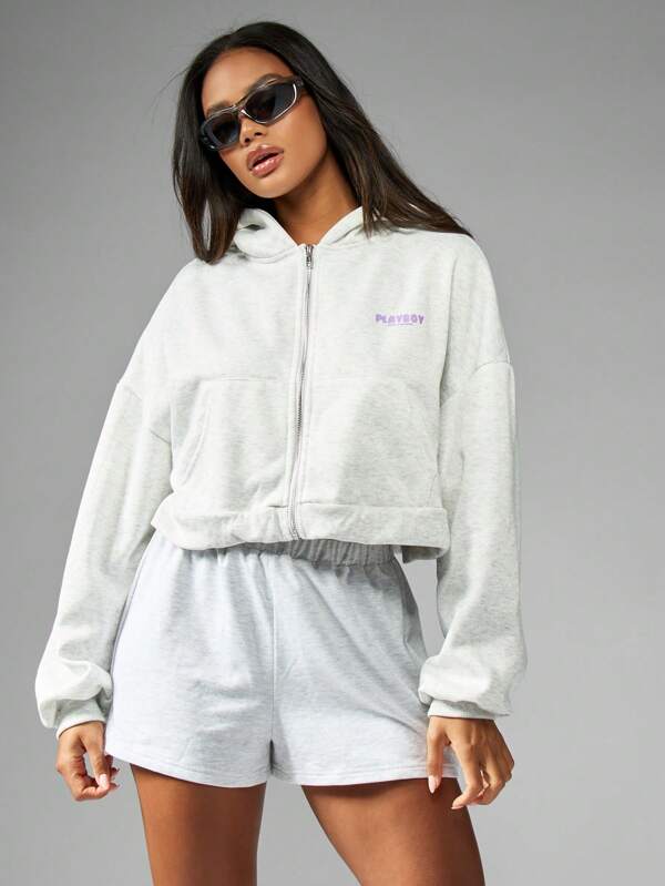 missguided Missguided x Playboy Oversized Cropped Zip Hoodie Athleisure Streetwear