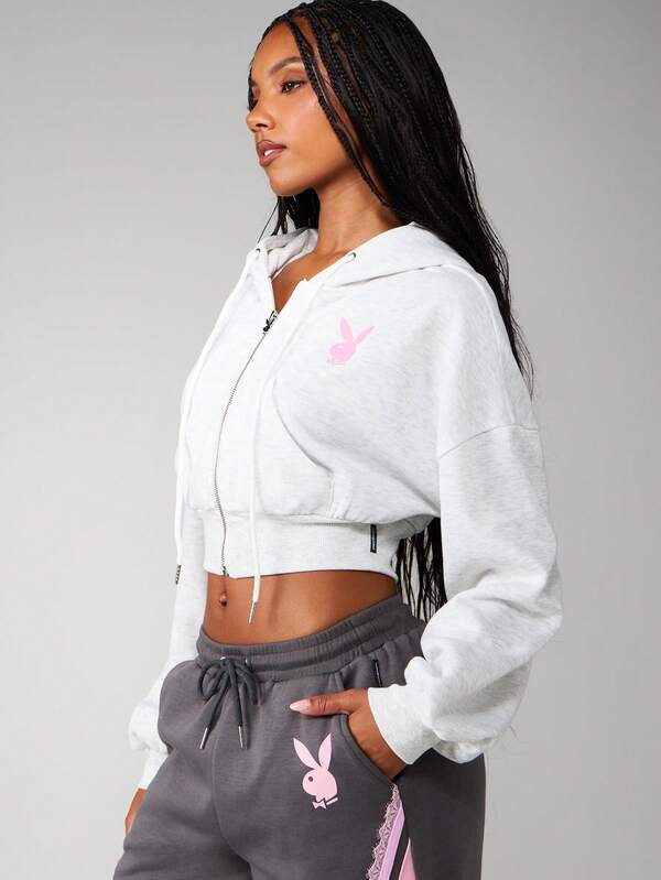Missguided Missguided X Playboy Oversized Cropped Zip Up Hoodie
