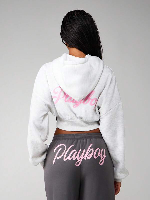 Missguided Missguided X Playboy Oversized Cropped Zip Up Hoodie
