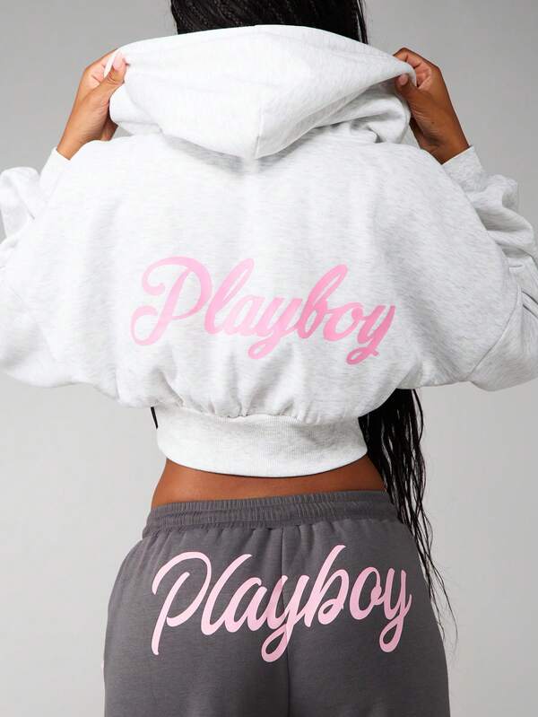 missguided Missguided x Playboy Oversized Cropped Zip Up Hoodie