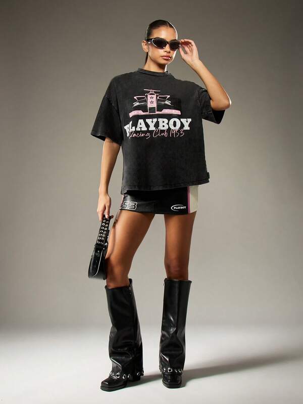 Missguided Missguided X Playboy Oversized Distressed Graphic T-Shirt With Washed Effect