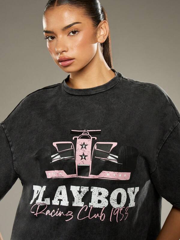 Missguided Missguided X Playboy Oversized Distressed Graphic T-Shirt With Washed Effect