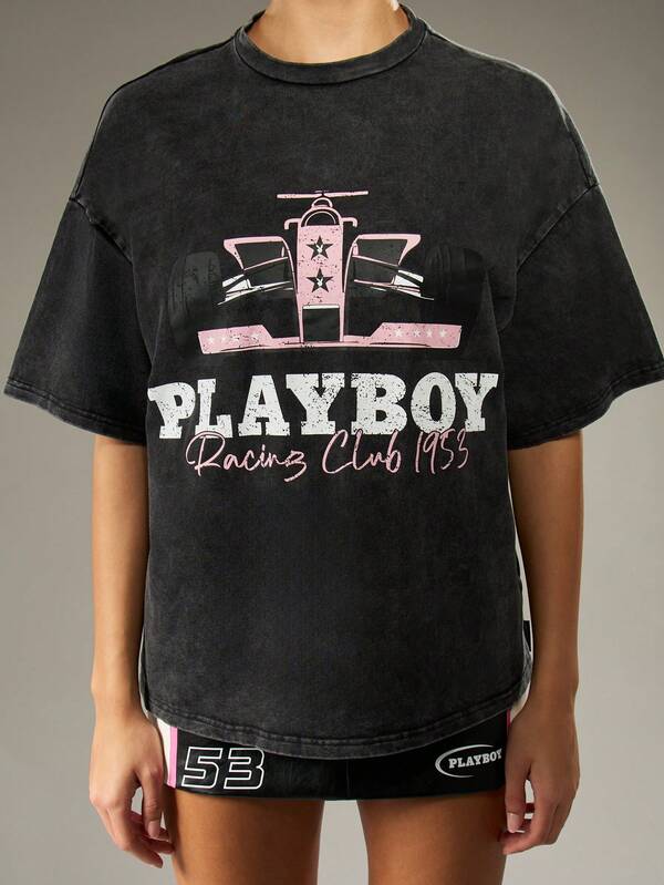 missguided Missguided x Playboy Oversized Distressed Graphic T-Shirt With Washed Effect