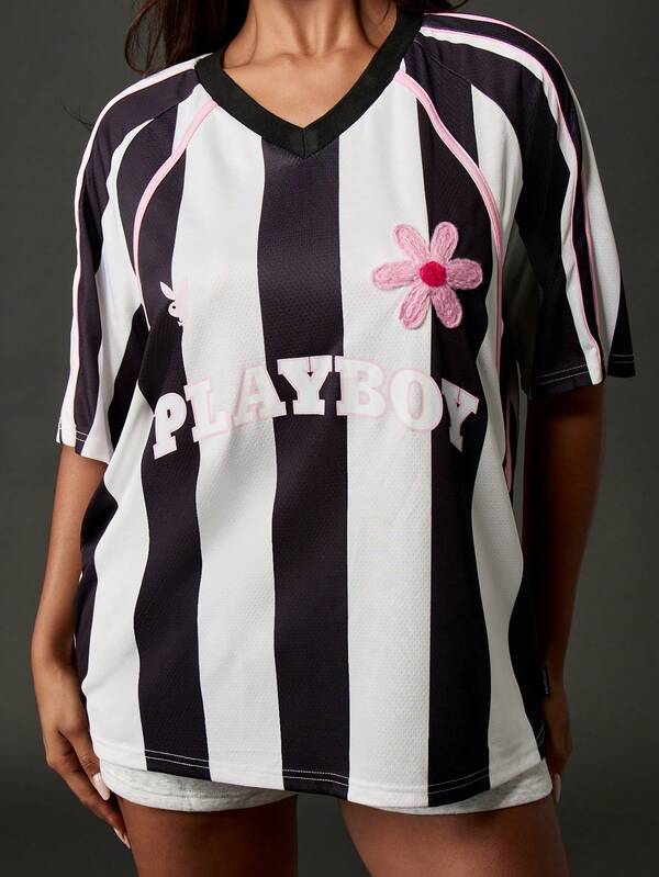 missguided Missguided x Playboy Oversized Football Jersey With Flower Applique