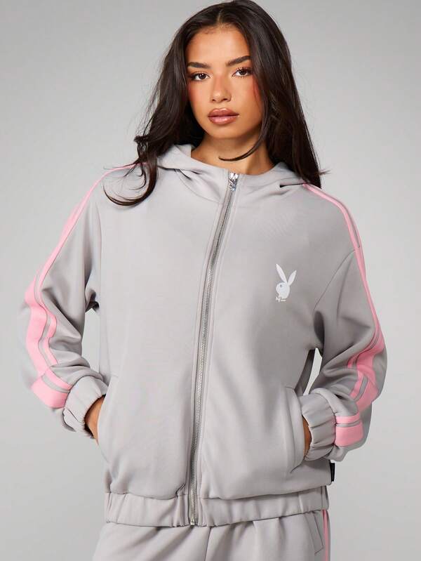 Missguided Missguided X Playboy Oversized Full Zip Hooded Sweatshirt With Stripes