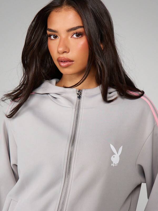 Missguided Missguided X Playboy Oversized Full Zip Hooded Sweatshirt With Stripes