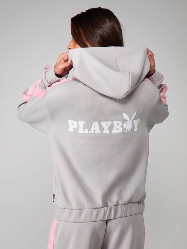 missguided Missguided x Playboy Oversized Full Zip Hooded Sweatshirt With Stripes