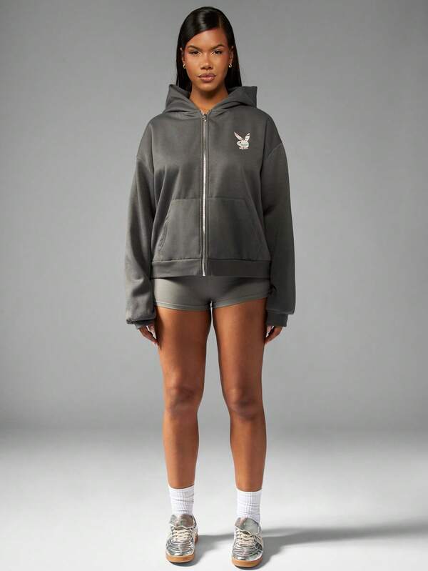 Missguided Missguided X Playboy Oversized Full Zip Hoodie With Camo Logo Applique