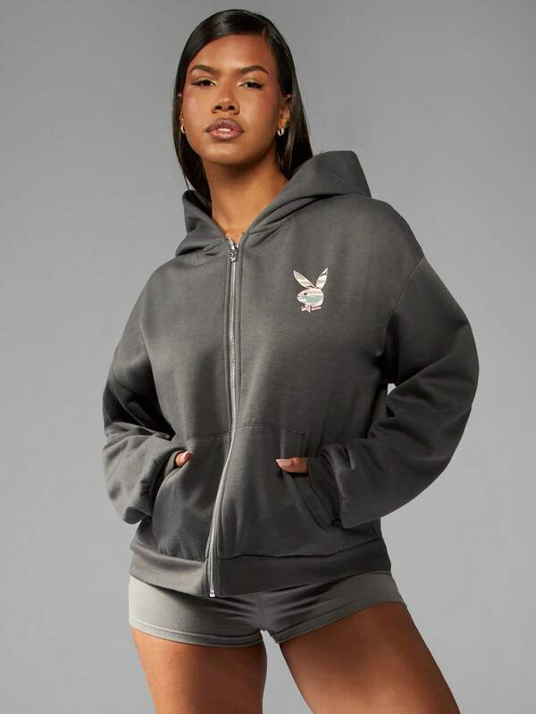 Missguided Missguided X Playboy Oversized Full Zip Hoodie With Camo Logo Applique