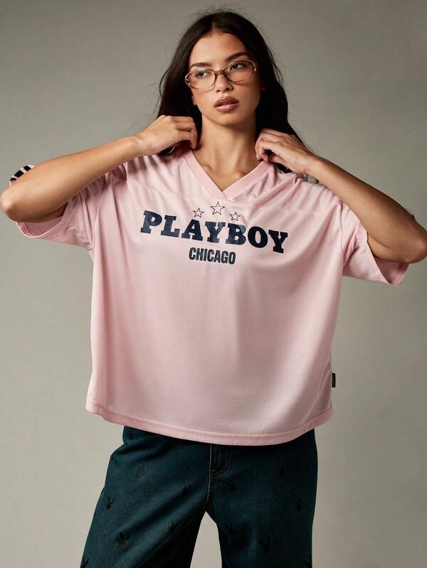 Missguided Missguided X Playboy Oversized Graphic Athletic T-Shirts With Star Details