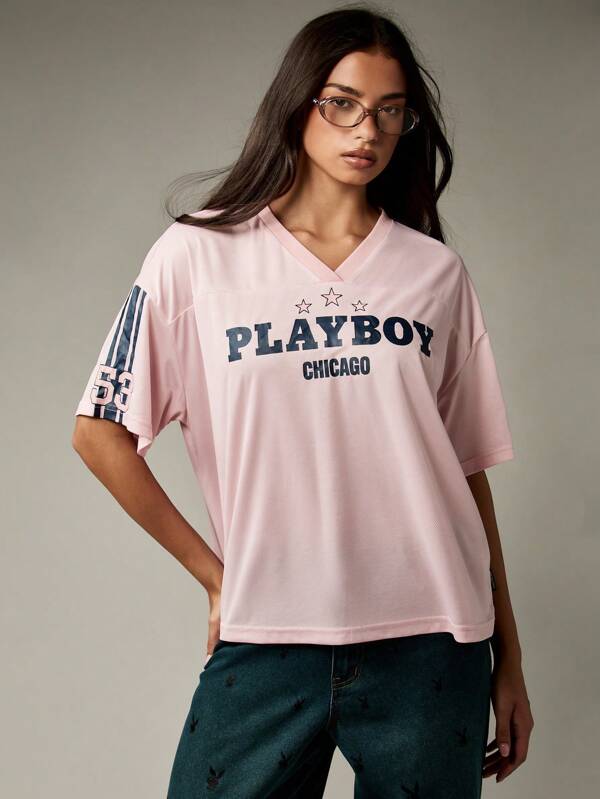 missguided Missguided x Playboy Oversized Graphic Athletic T-Shirts With Star Details