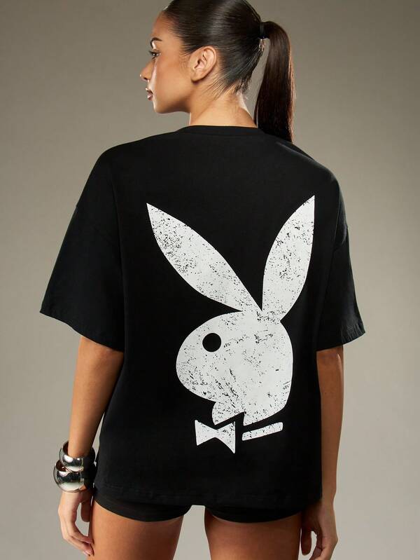 Missguided Missguided X Playboy Oversized Graphic Crew Neck Tee With Logo Print
