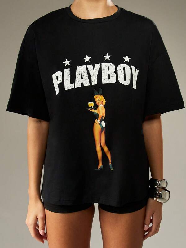 Missguided Missguided X Playboy Oversized Graphic Crew Neck Tee With Logo Print