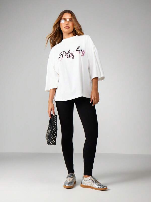 Missguided Missguided X Playboy Oversized Graphic Crew Neck Tee