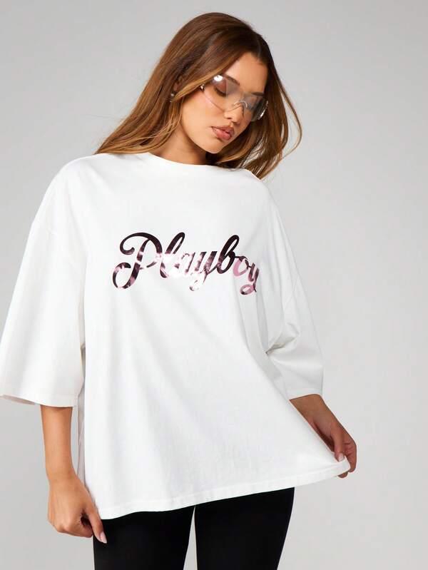 Missguided Missguided X Playboy Oversized Graphic Crew Neck Tee