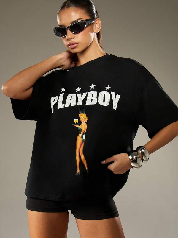 missguided Missguided x Playboy Oversized Graphic Crew Neck Tee With Logo Print