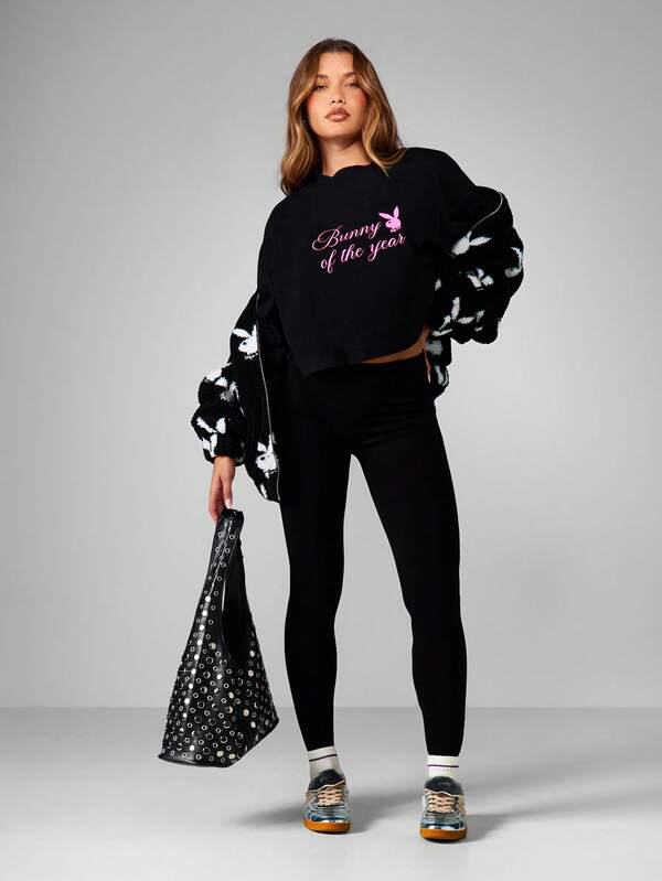 Missguided Missguided X Playboy Oversized Graphic Crop Top With Text Design